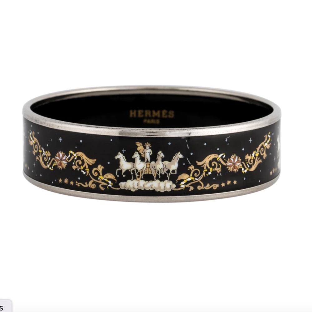 Hermes Palladium Plated Enamel Bangle, Mint Condition, 2.25” Diameter
